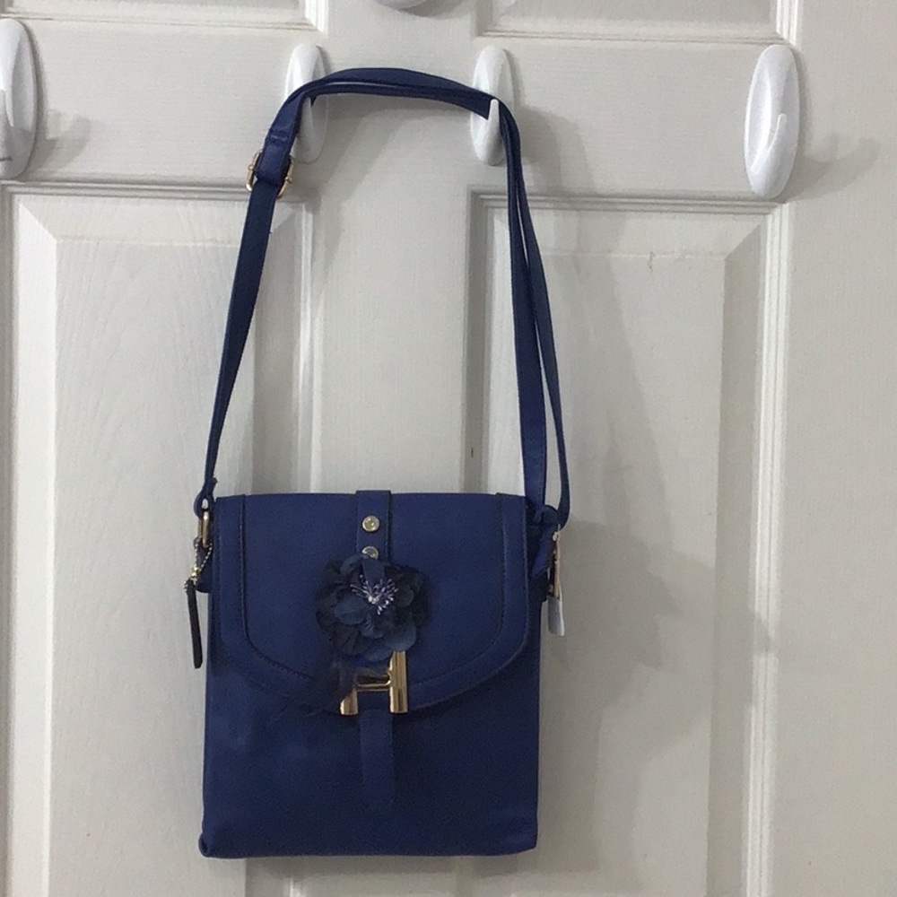 Navy Blue Crossbody Bag w/ Long Adjustable Straps & Removable Flower Decor.